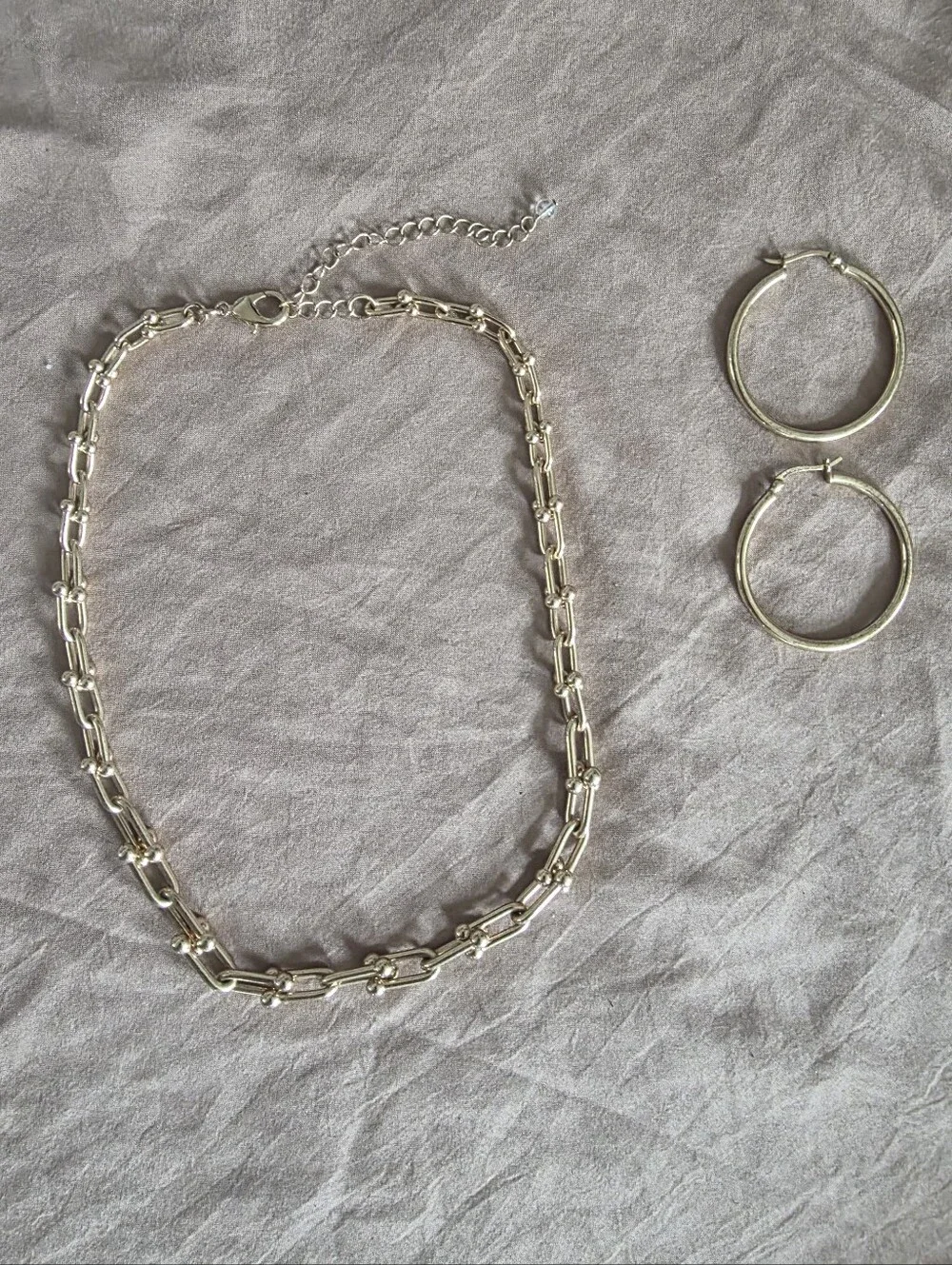 Goldtone Chain Link Necklace And 18kt Gold Over Sterling Silver Hoop Earrings